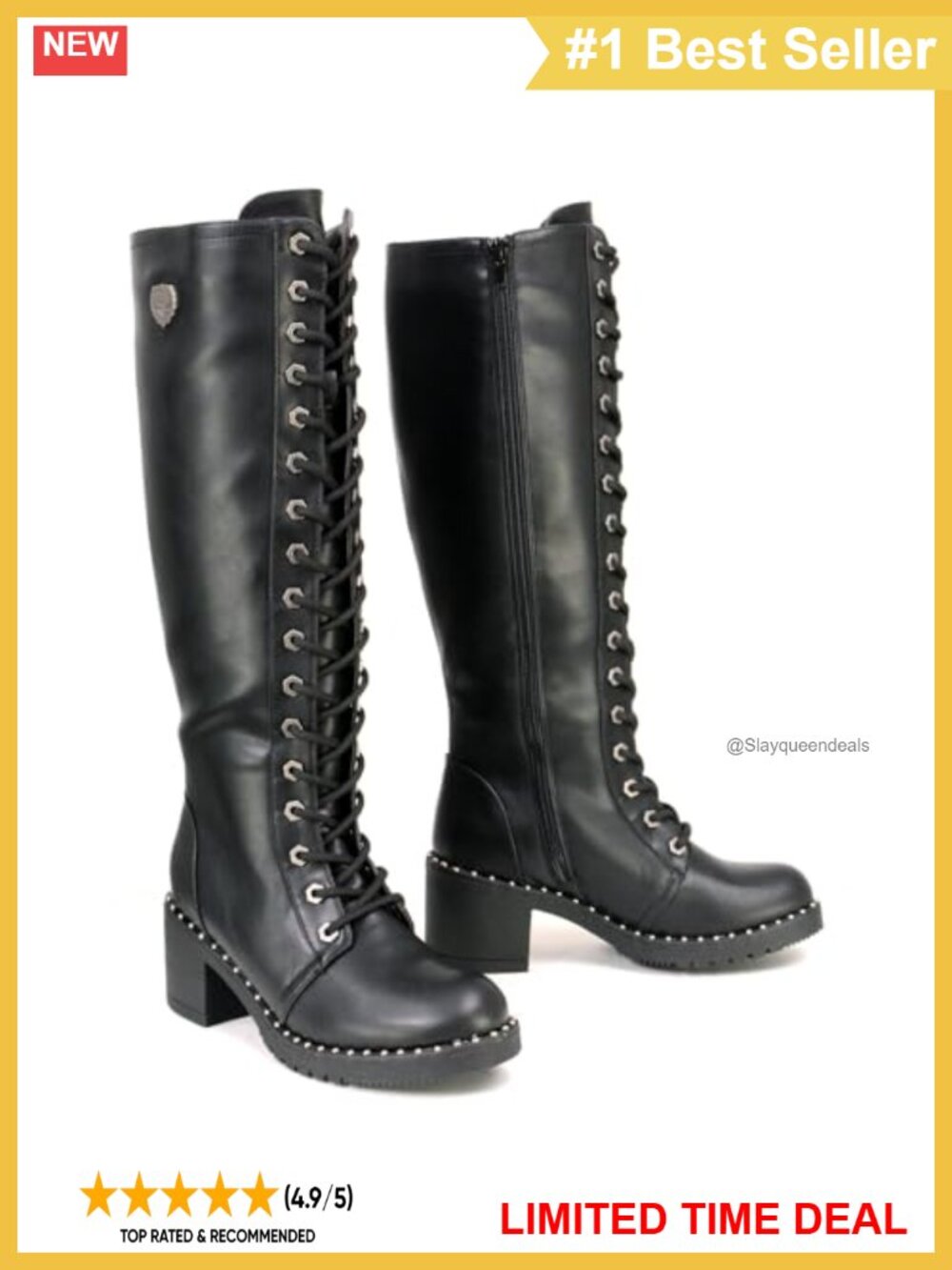 Women's Faux Leather Lace-Up Platform Biker Boots Studded Ankle Boots